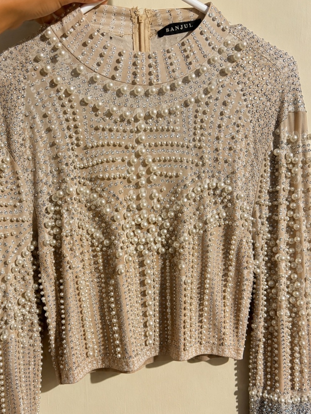 Embellished Nude Beaded Pearl & Crystal Top